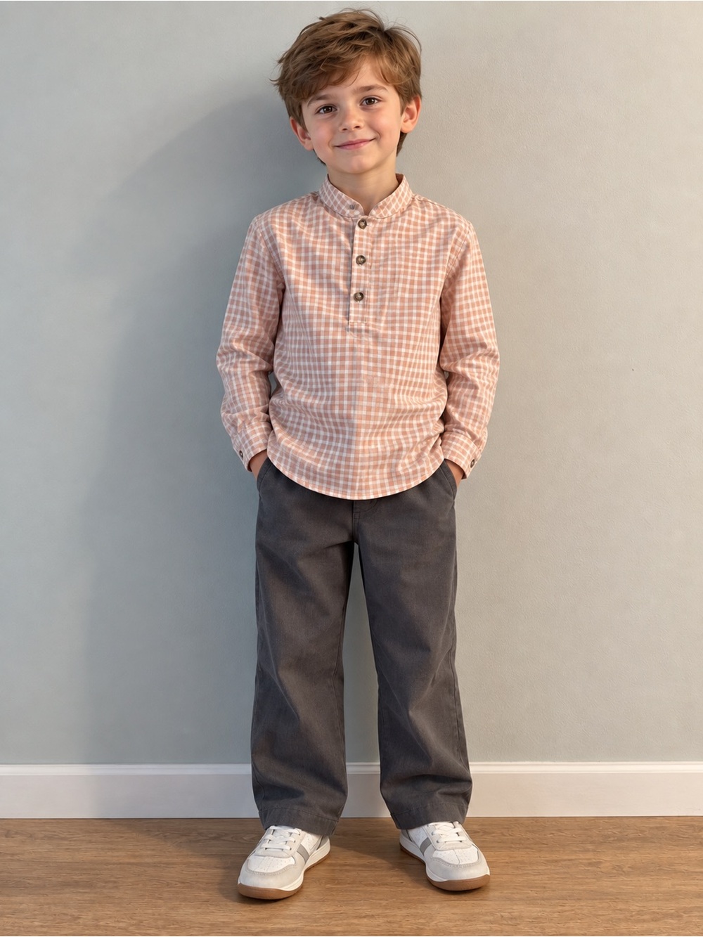 Edgehill Collection Peach Gingham Mandarin Collar Henley